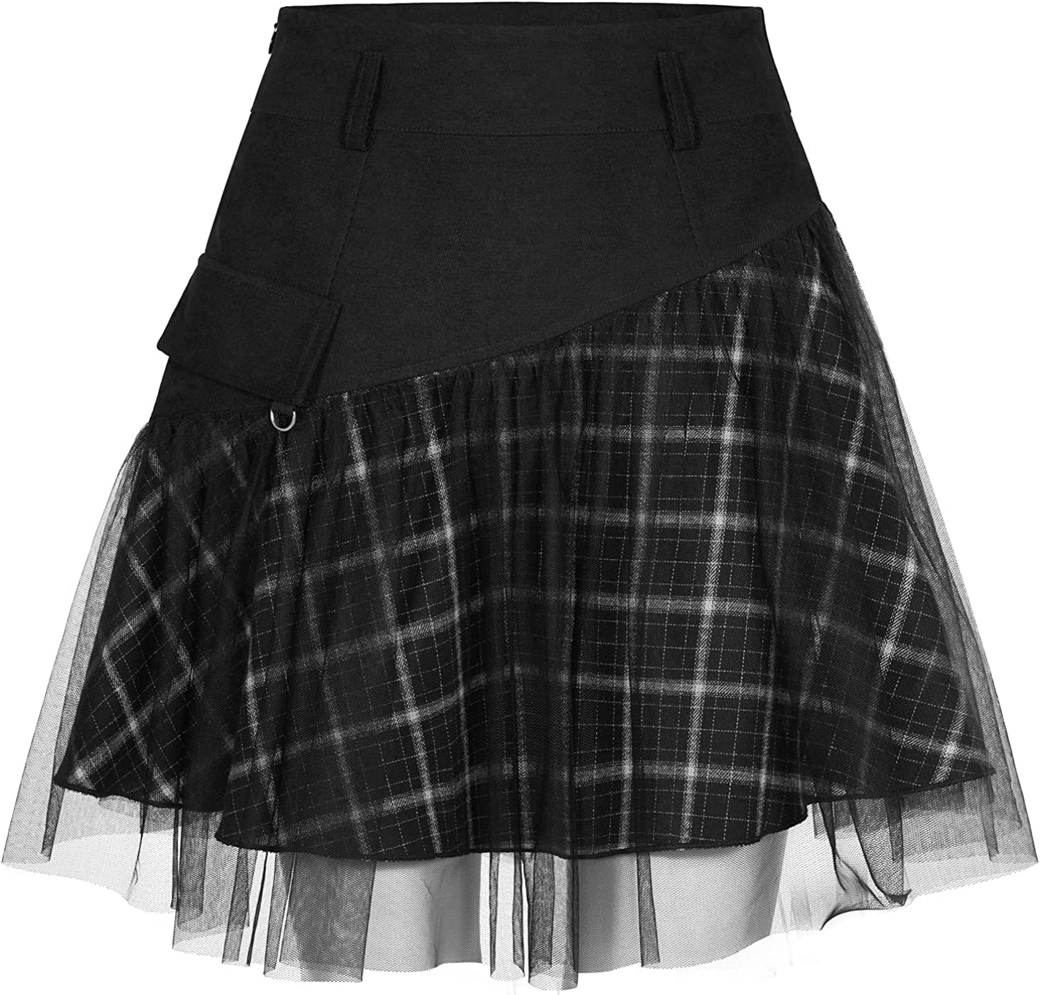 PUNK RAVE DAILY Women Gothic Skirts Women Goth Mini Plaid Skirt with Tulle Punk Dunk High Waist A-Line Party Skirt - Image 2